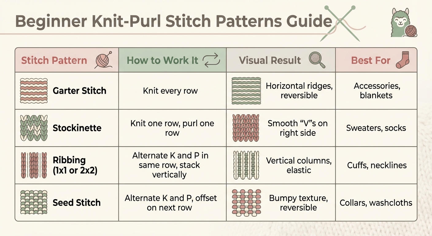 Beginner Knit-Purl Stitch Patterns Comparison Guide