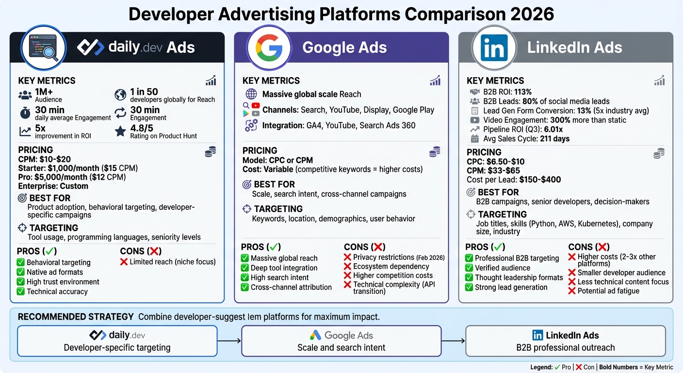 Developer Advertising Platforms Comparison 2026: daily.dev vs Google Ads vs LinkedIn Ads