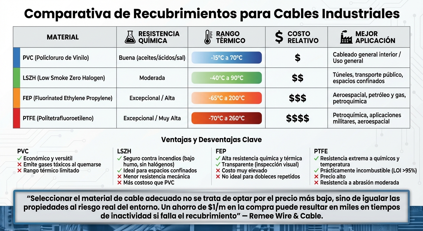 Comparación de Recubrimientos para Cables Industriales: PVC, LSZH, FEP y PTFE