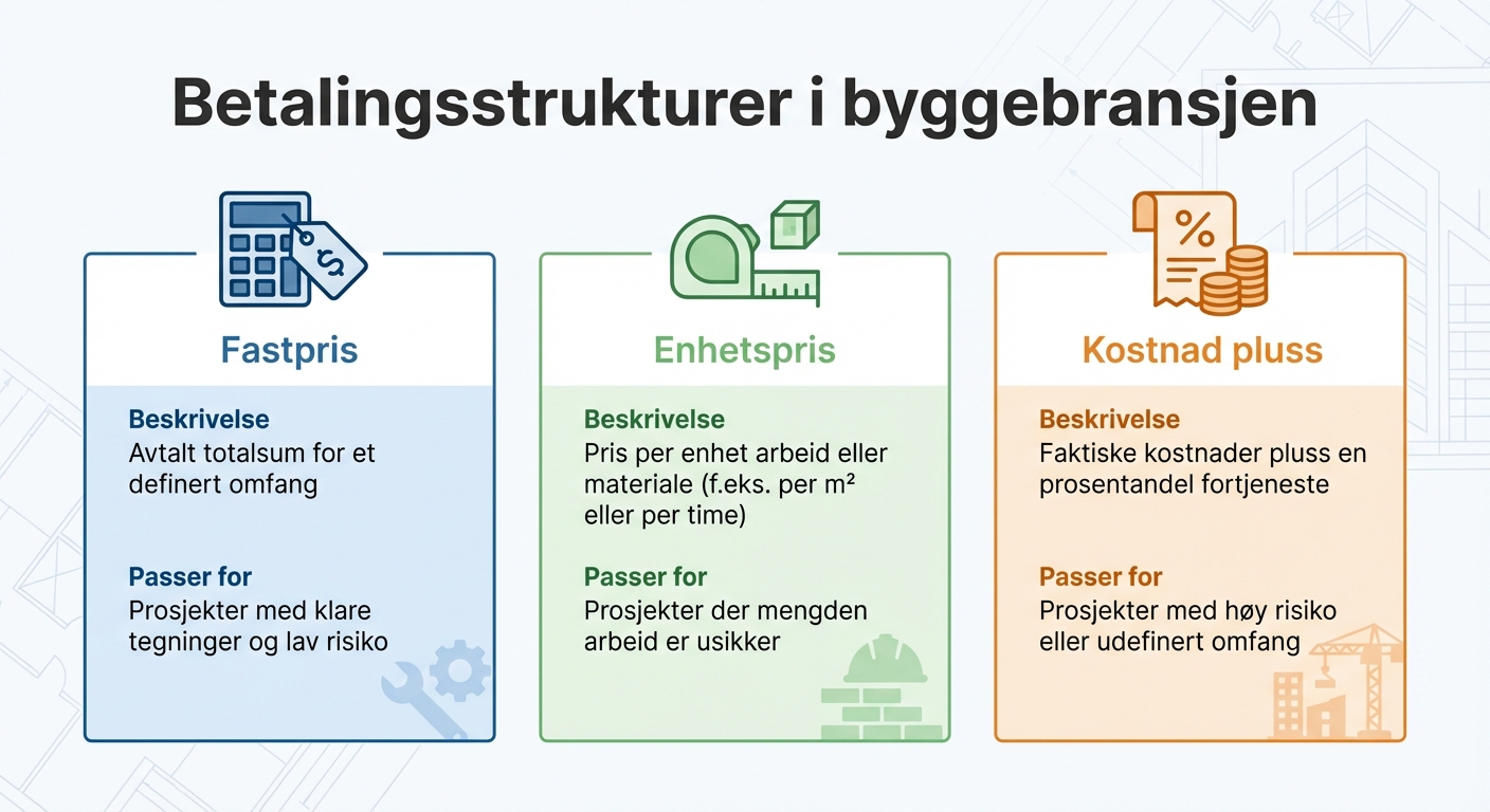Betalingsstrukturer i byggebransjen: Fastpris, enhetspris og kostnad pluss