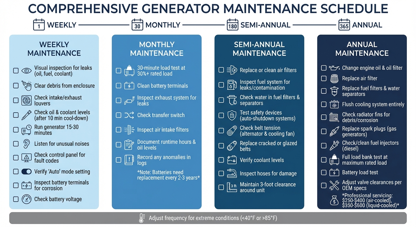 Generator Maintenance Schedule: Weekly, Monthly, Semi-Annual & Annual Tasks Checklist
