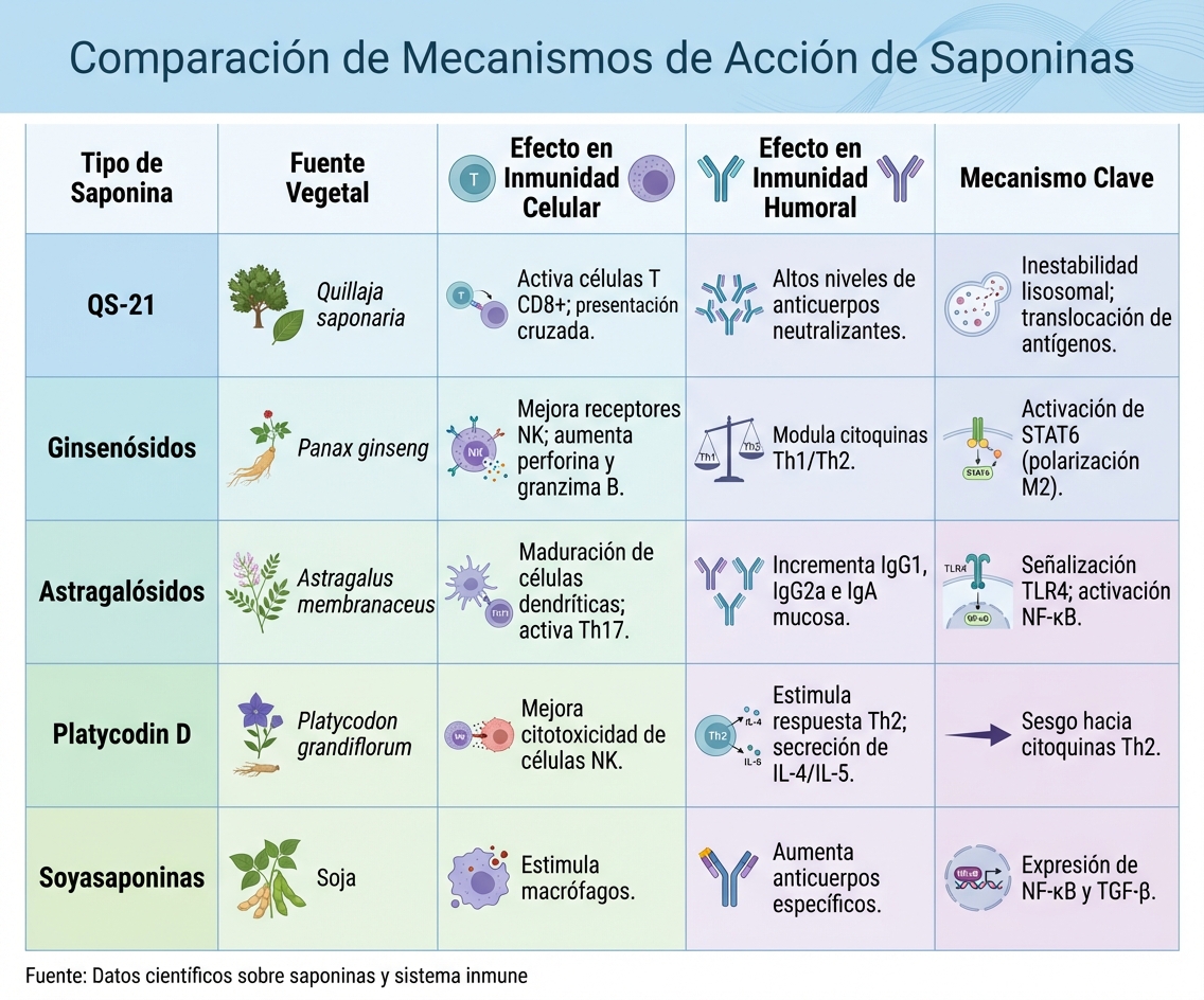Comparación de mecanismos de acción de diferentes tipos de saponinas en el sistema inmune