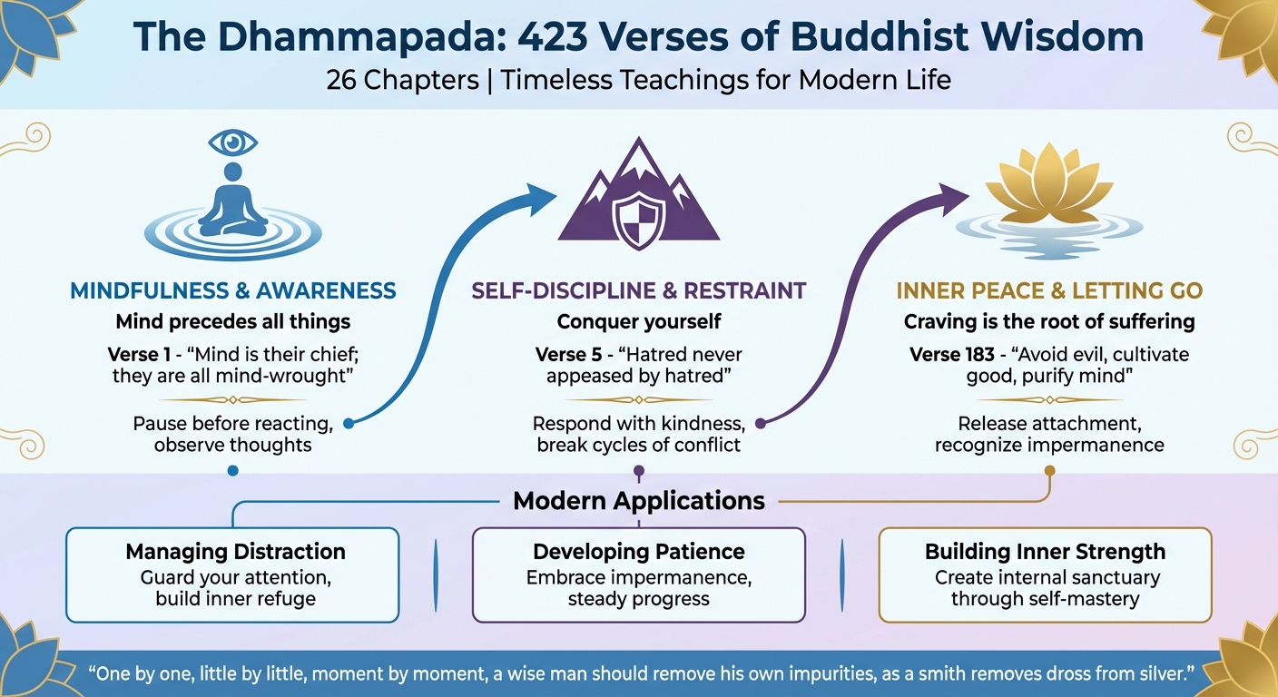 Dhammapada Core Teachings: Three Main Themes and Key Verses Explained