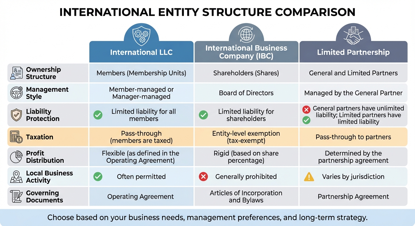 International LLC vs IBC vs Limited Partnership Comparison Chart