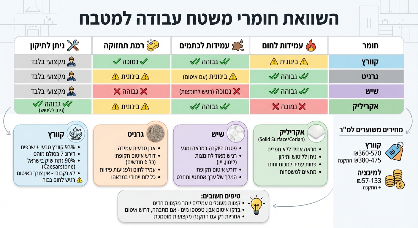 השוואת חומרי משטח עבודה למטבח - עמידות ותחזוקה