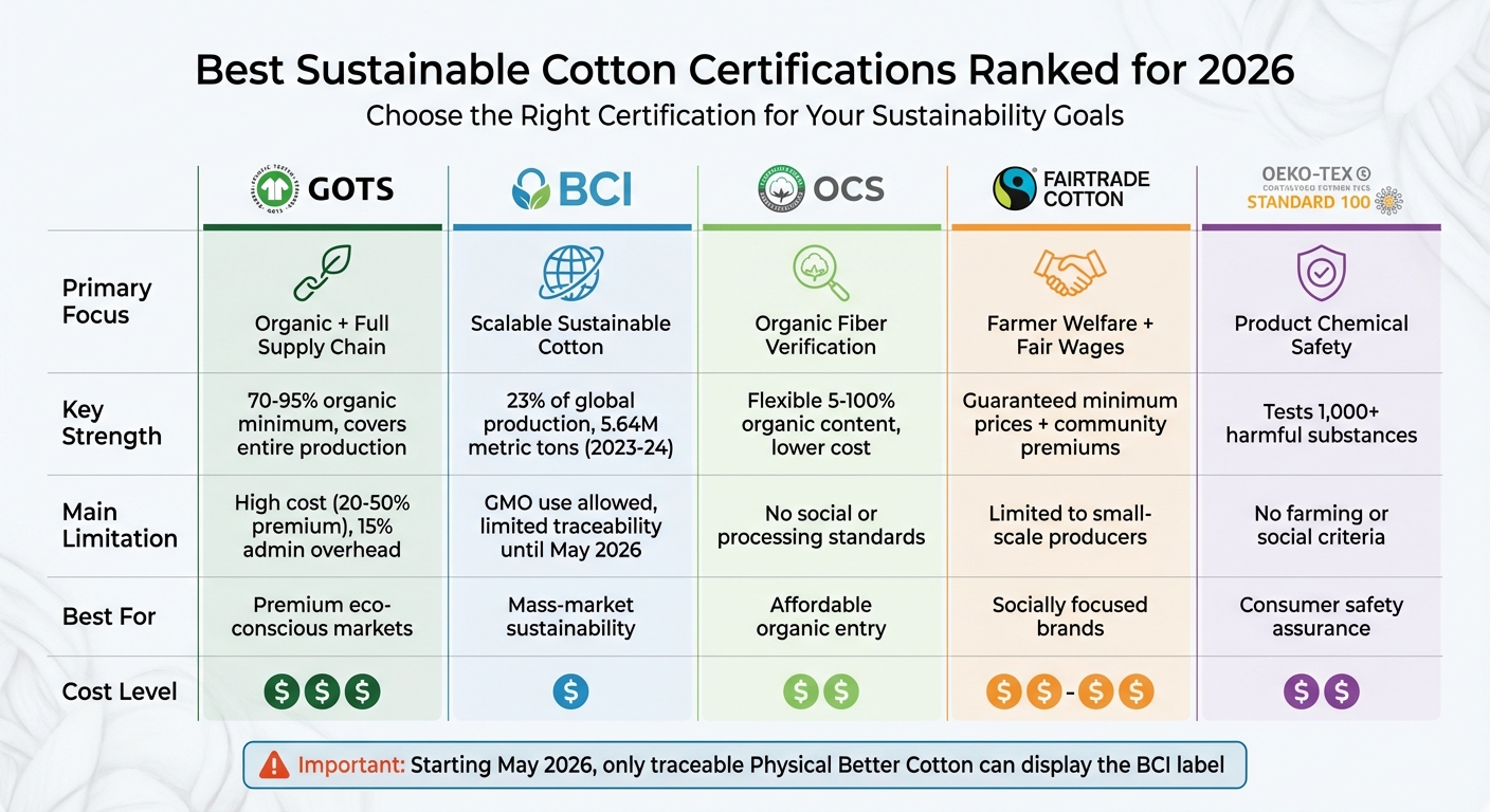 Sustainable Cotton Certifications Comparison Chart 2026: GOTS vs BCI vs OCS vs Fairtrade vs OEKO-TEX