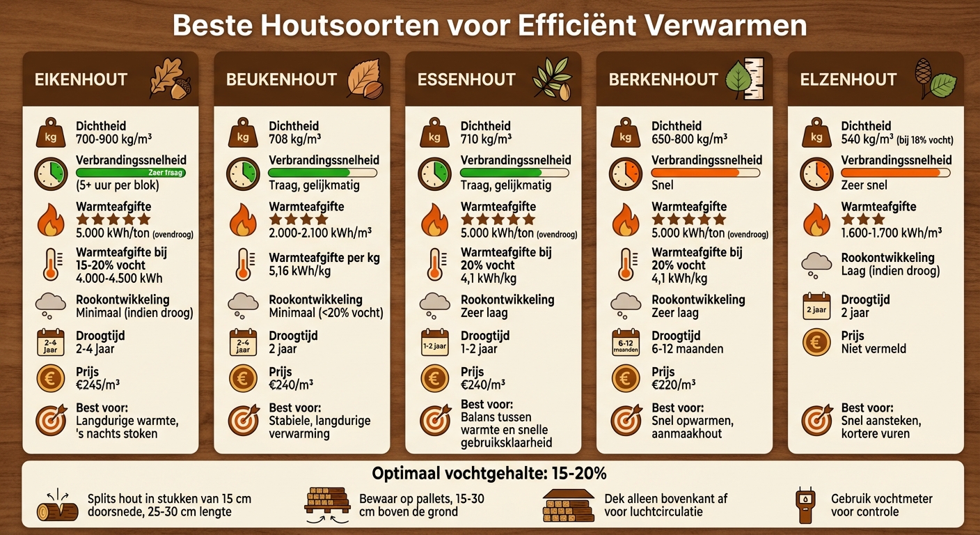 Vergelijking houtsoorten voor efficiënt verwarmen: warmteafgifte, droogtijd en verbrandingssnelheid