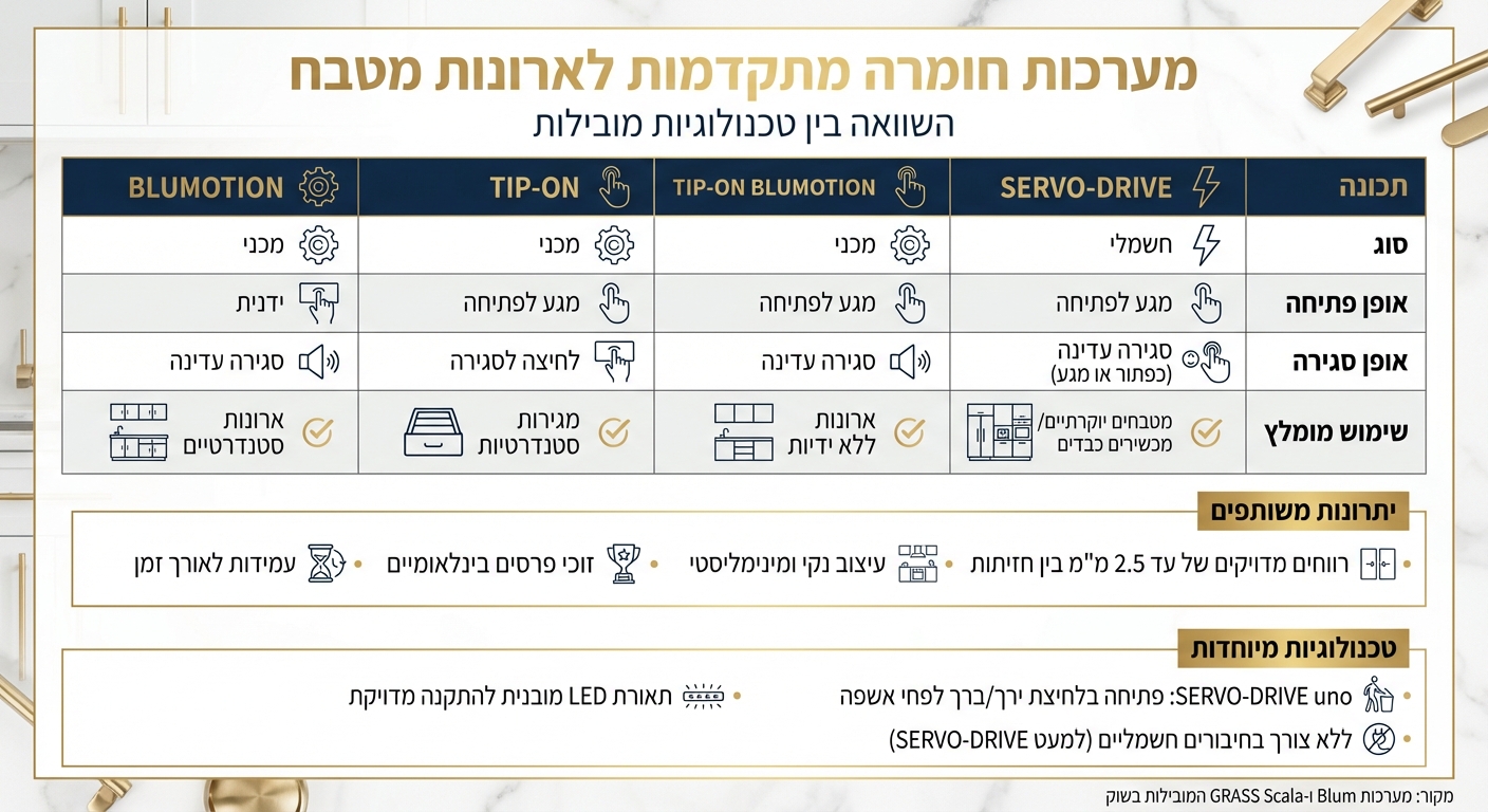 השוואת מערכות חומרה מתקדמות לארונות מטבח - BLUMOTION, TIP-ON ו-SERVO-DRIVE