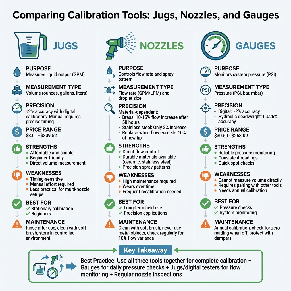 Pesticide Calibration Tools Comparison: Jugs vs Nozzles vs Gauges