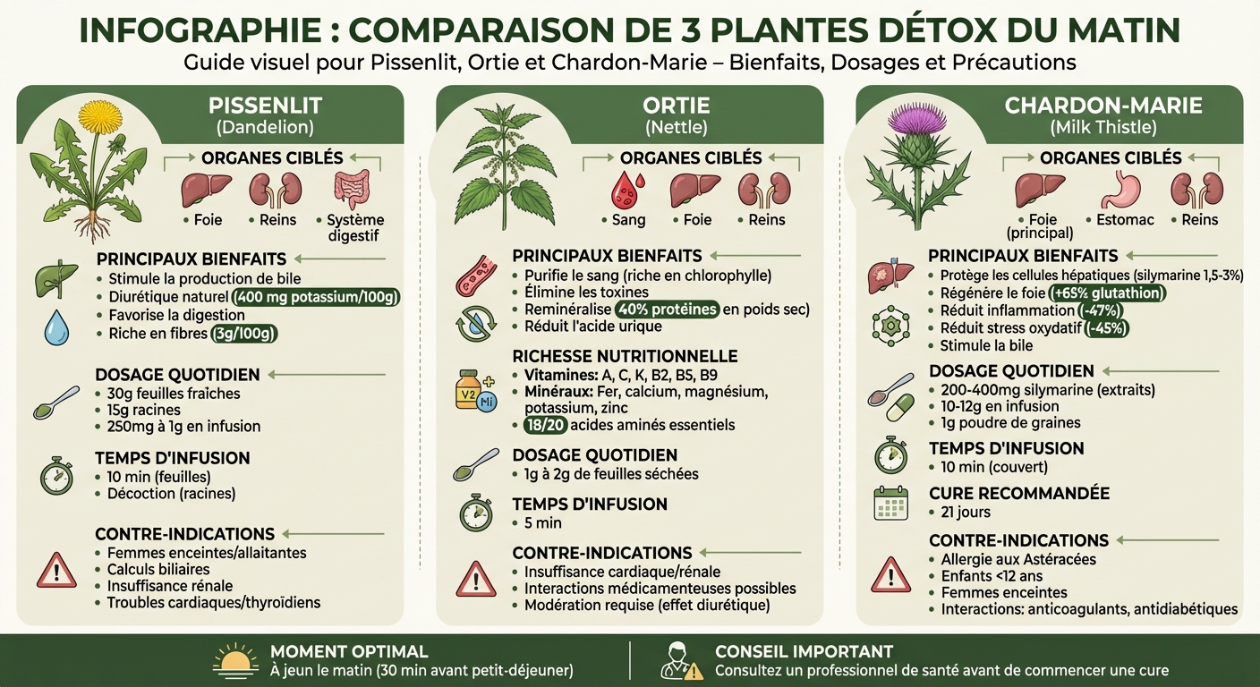 Comparaison des 3 plantes détox matinales : pissenlit, ortie et chardon-Marie