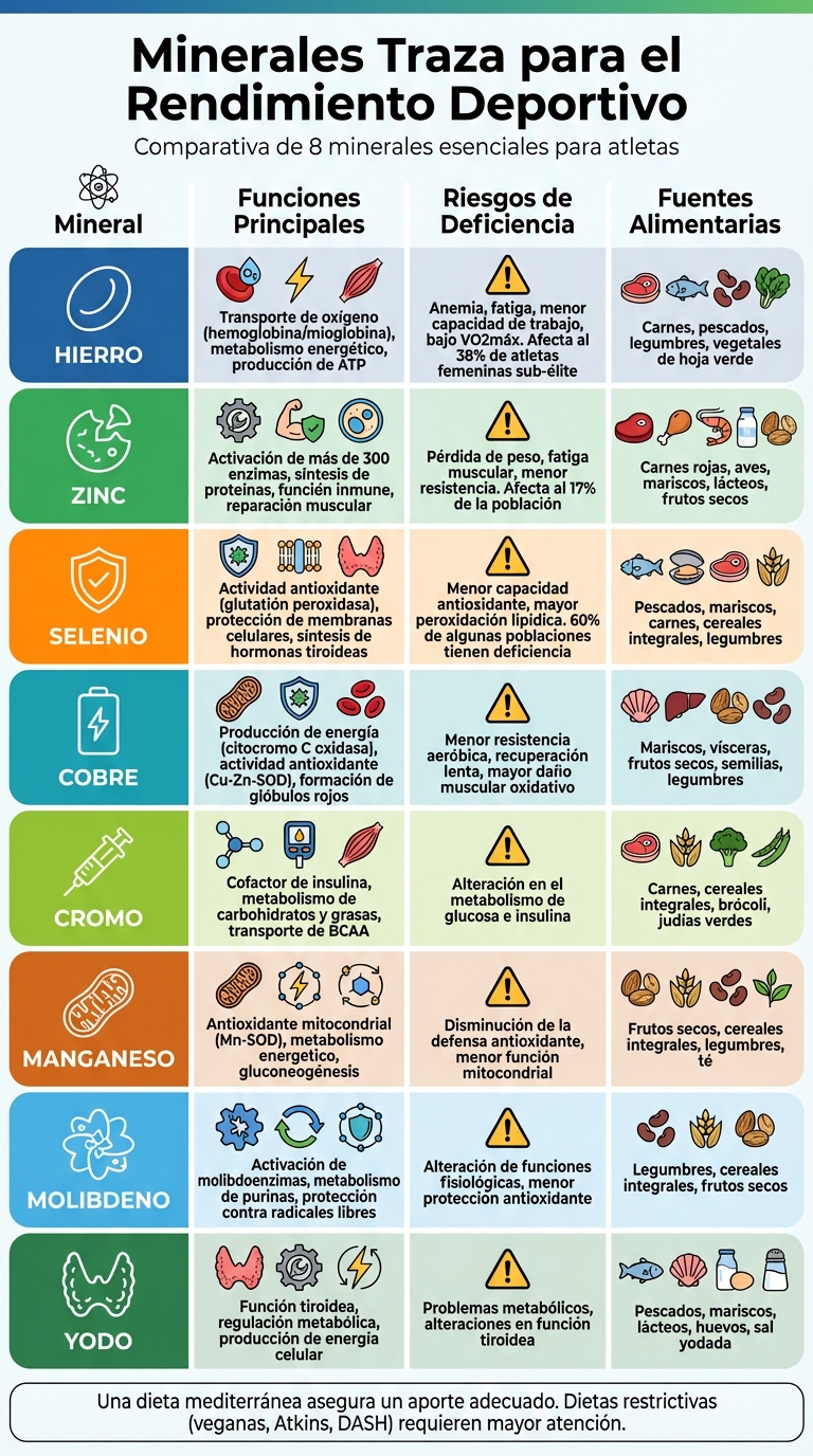 Minerales traza esenciales para atletas: funciones, deficiencias y fuentes alimentarias
