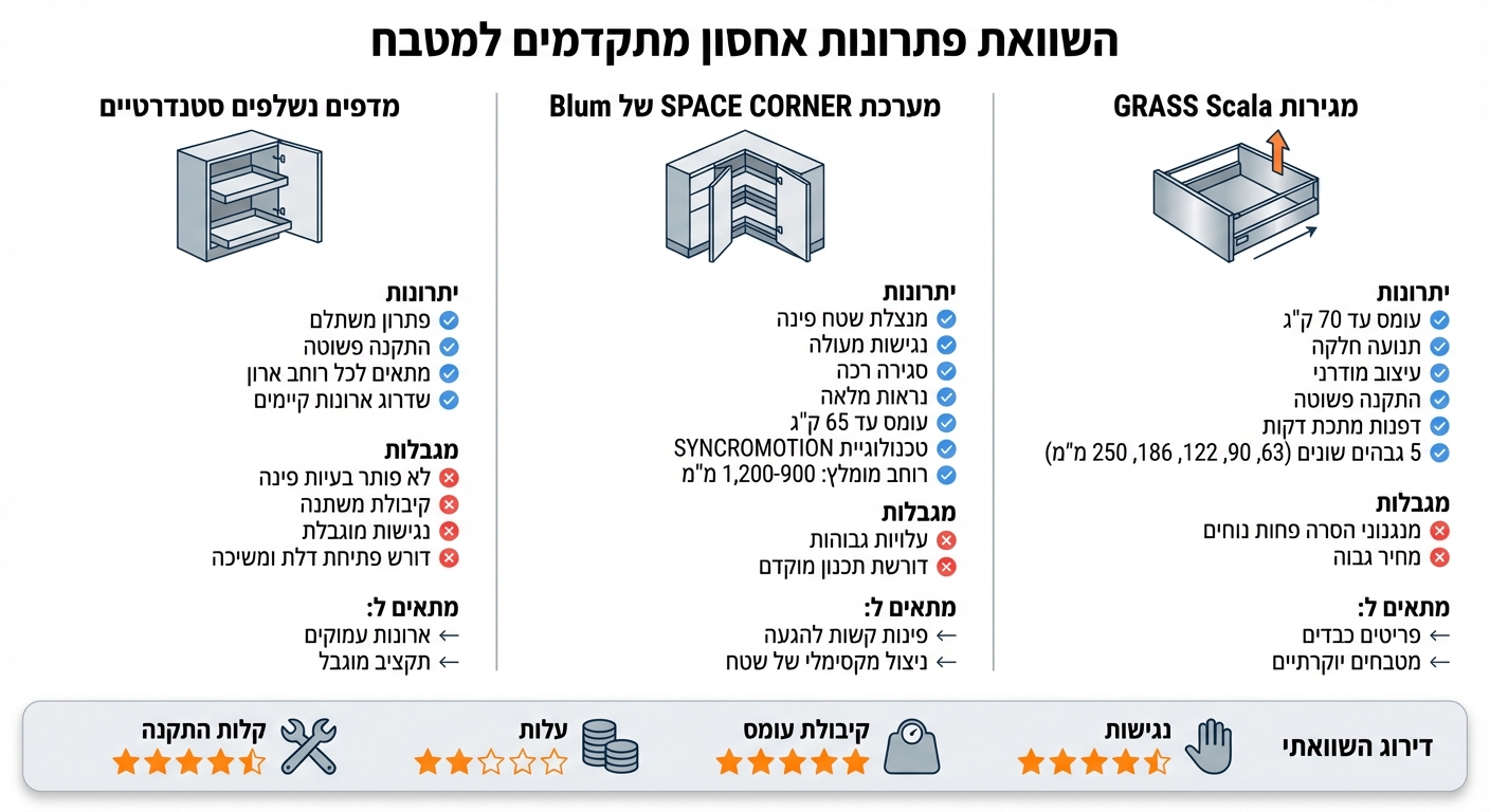 השוואת פתרונות אחסון מתקדמים למטבח קטן - GRASS Scala, SPACE CORNER ומדפים נשלפים