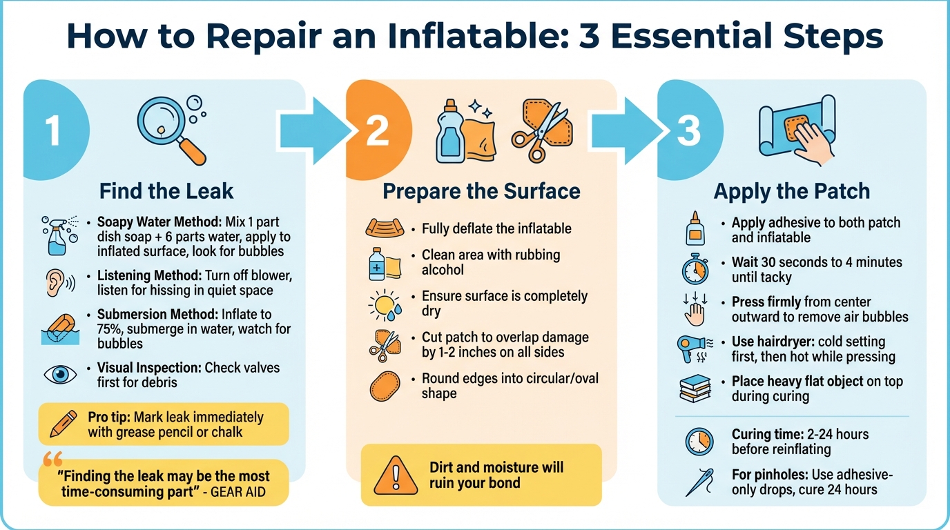 3-Step Inflatable Repair Process: Find, Prepare, and Patch
