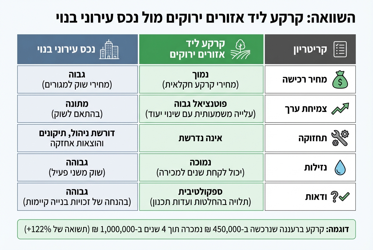 השוואה בין השקעה בקרקע ליד אזורים ירוקים לנכס עירוני בנוי