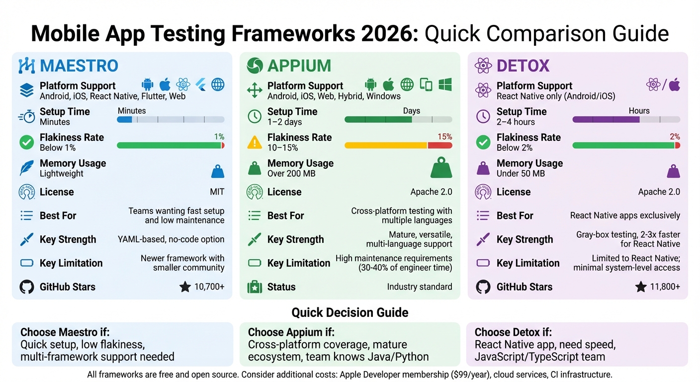 Mobile App Testing Frameworks Comparison 2026: Maestro vs Appium vs Detox
