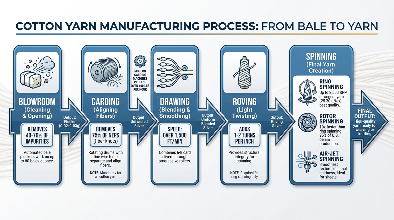 Cotton to Yarn: 5-Step Manufacturing Process from Raw Fiber to Finished Thread