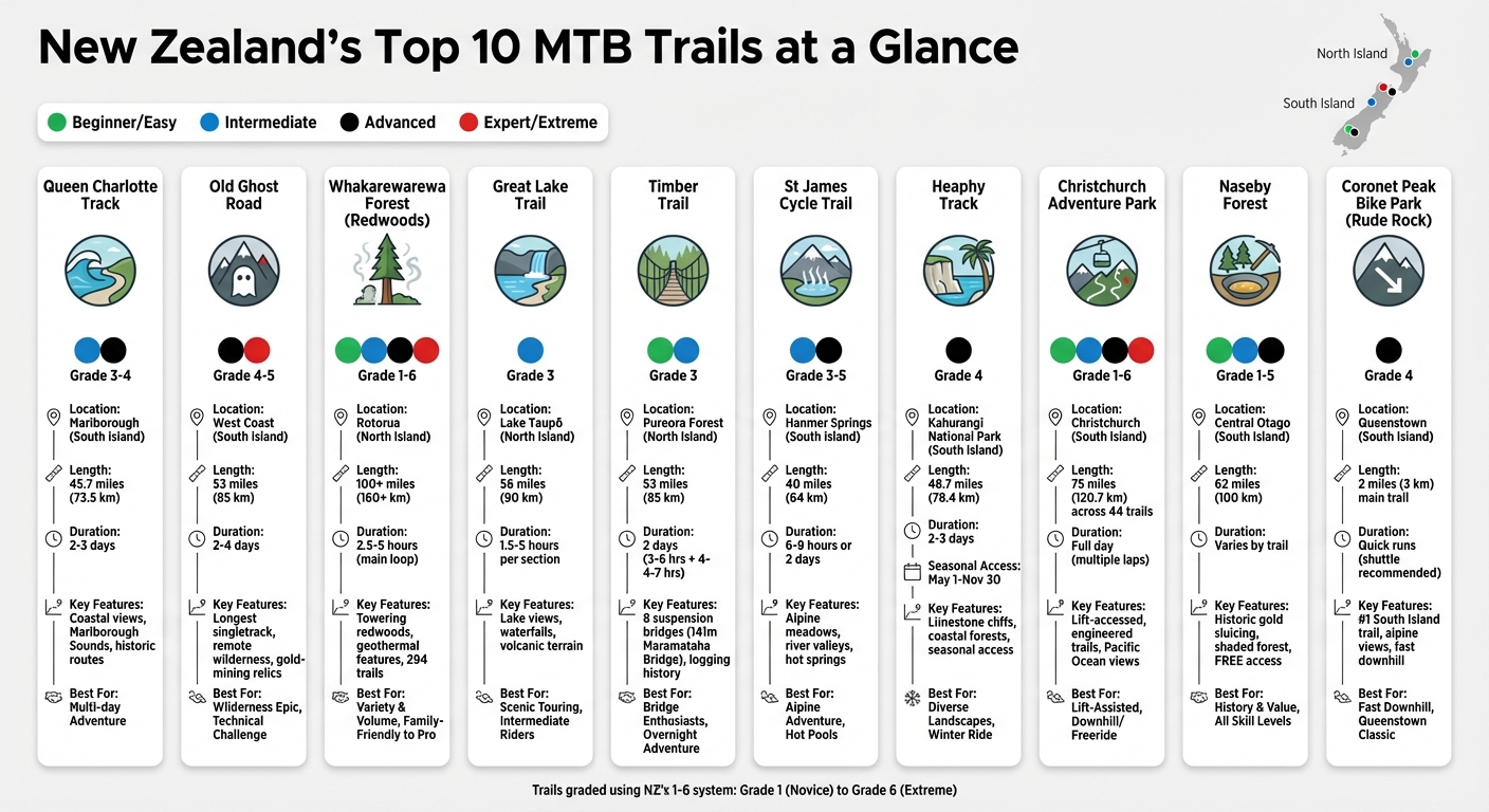 New Zealand's Top 10 MTB Trails: Length, Difficulty & Key Features Comparison