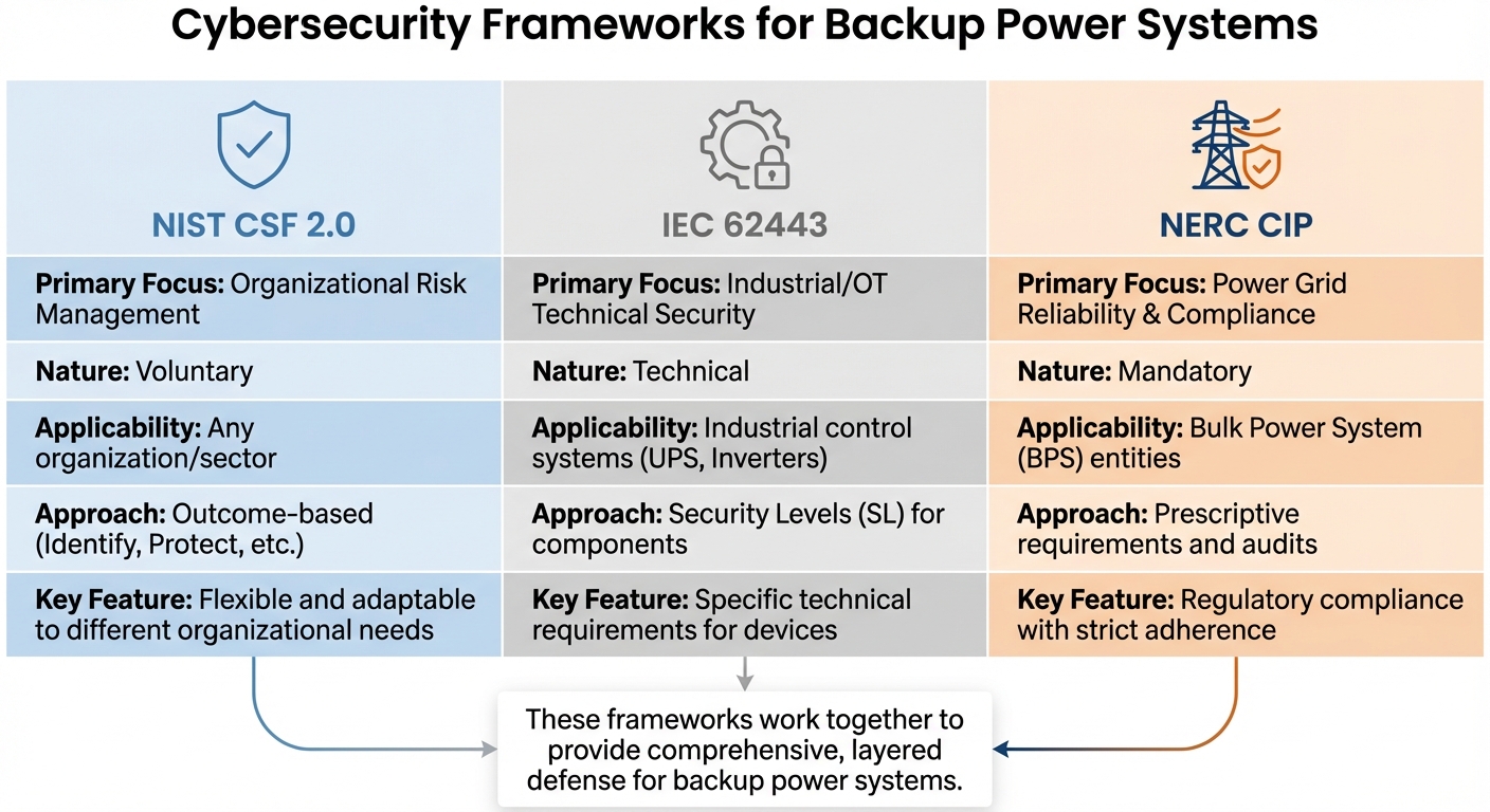 Comparison of Cybersecurity Frameworks for Backup Power Systems: NIST CSF vs IEC 62443 vs NERC CIP
