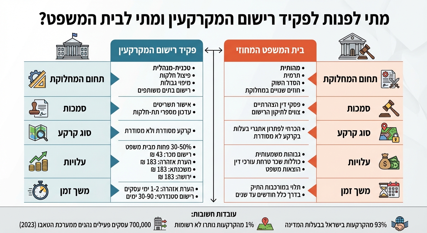 השוואה בין פקיד רישום המקרקעין לבית המשפט המחוזי במחלוקות בעלות