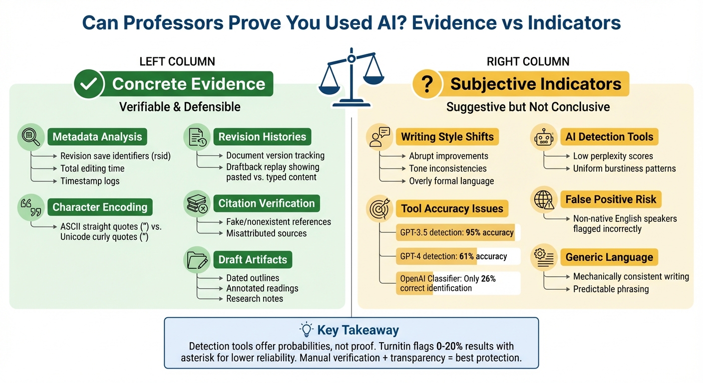 AI Detection in Academia: Evidence vs Indicators Comparison Chart
