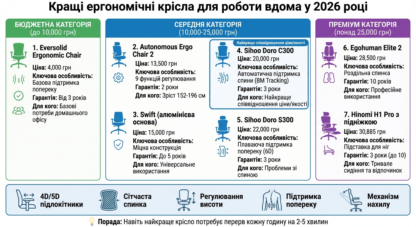 Порівняння 7 кращих ергономічних крісел для домашнього офісу 2026