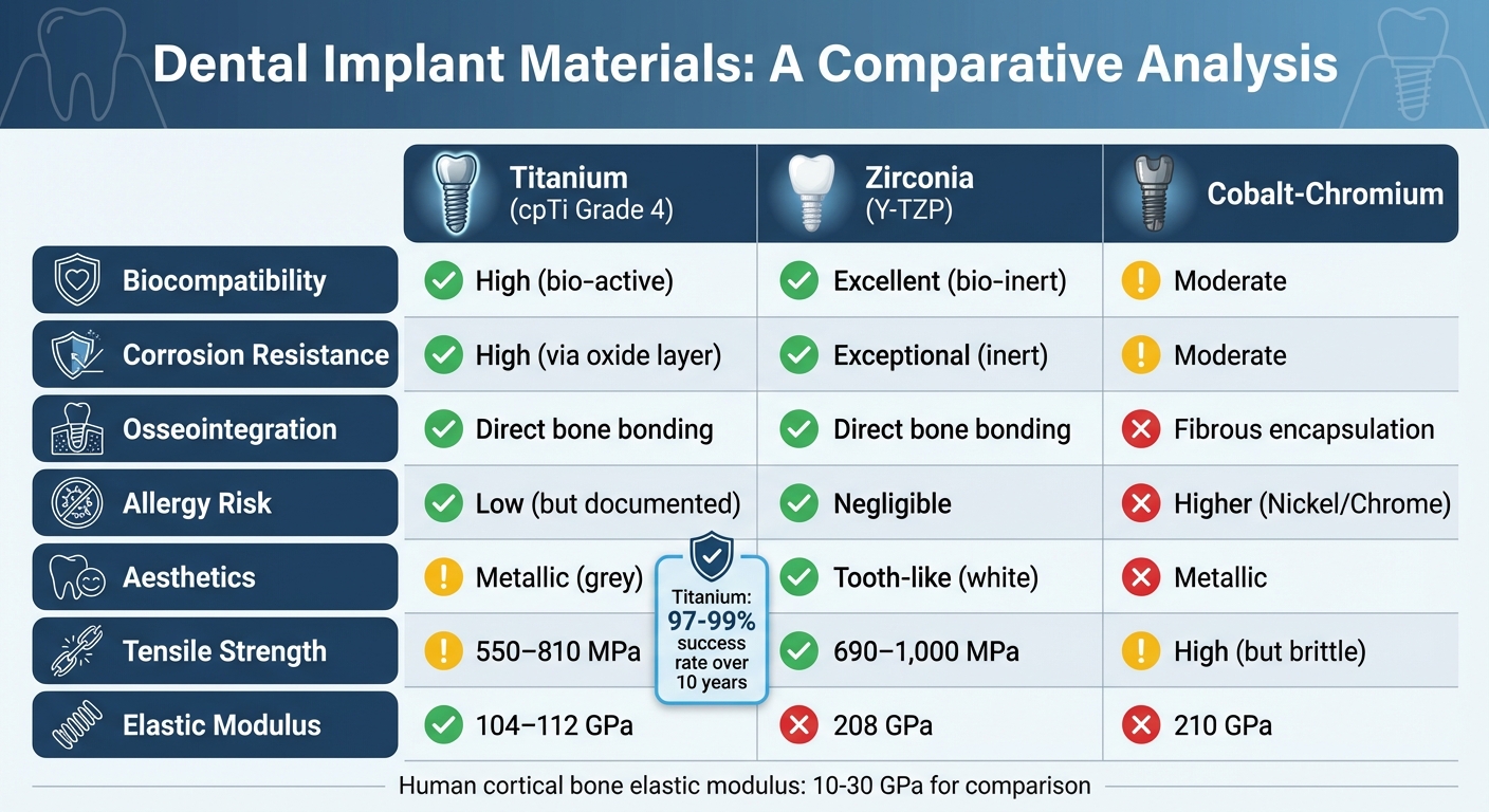 Titanium vs Zirconia vs Cobalt-Chromium Dental Implant Materials Comparison