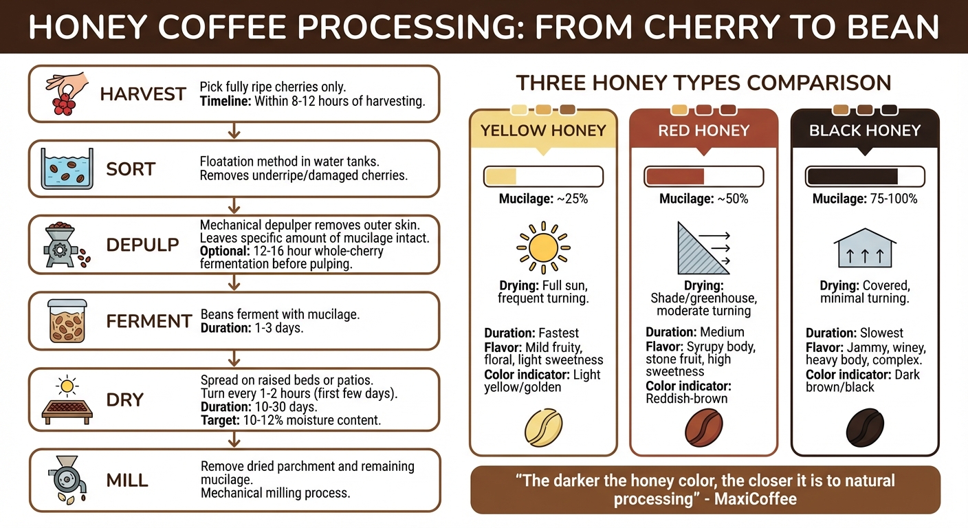 Honey Coffee Processing Step-by-Step Guide with Yellow, Red, and Black Honey Variations