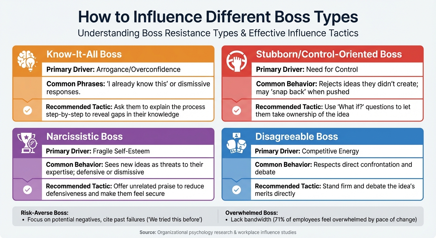 How to Influence Different Boss Types: Resistance Patterns and Effective Tactics - [Infographic © MyDifficultBoss.com]