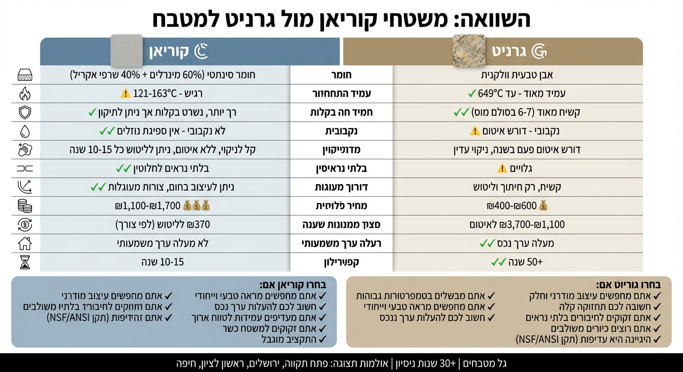 השוואה מקיפה: קוריאן מול גרניט למטבח - מחיר, עמידות ותחזוקה