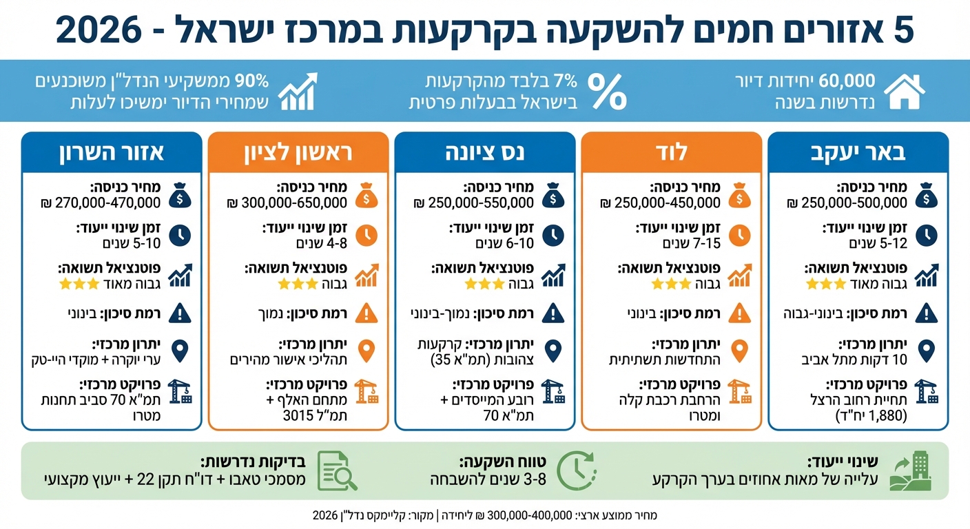 השוואת 5 אזורי השקעה בקרקעות במרכז ישראל - מחירים, תשואות וסיכונים