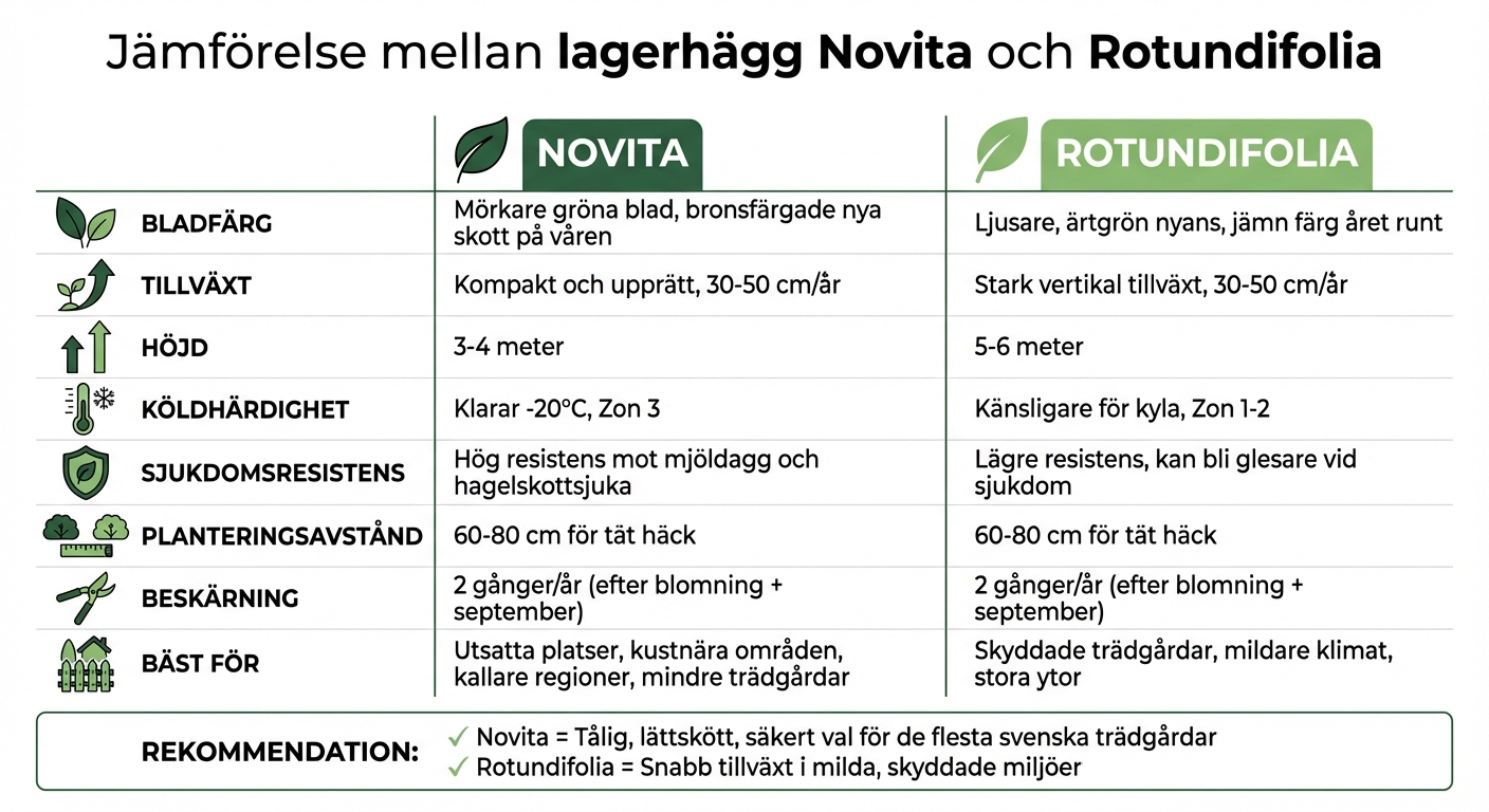 Jämförelse mellan lagerhägg Novita och Rotundifolia