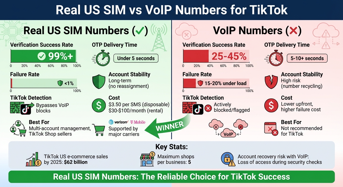 Reliable SMS Numbers for TikTok Shop & Ads in the US 3 Real US SIM vs VoIP Numbers for TikTok: Performance Comparison