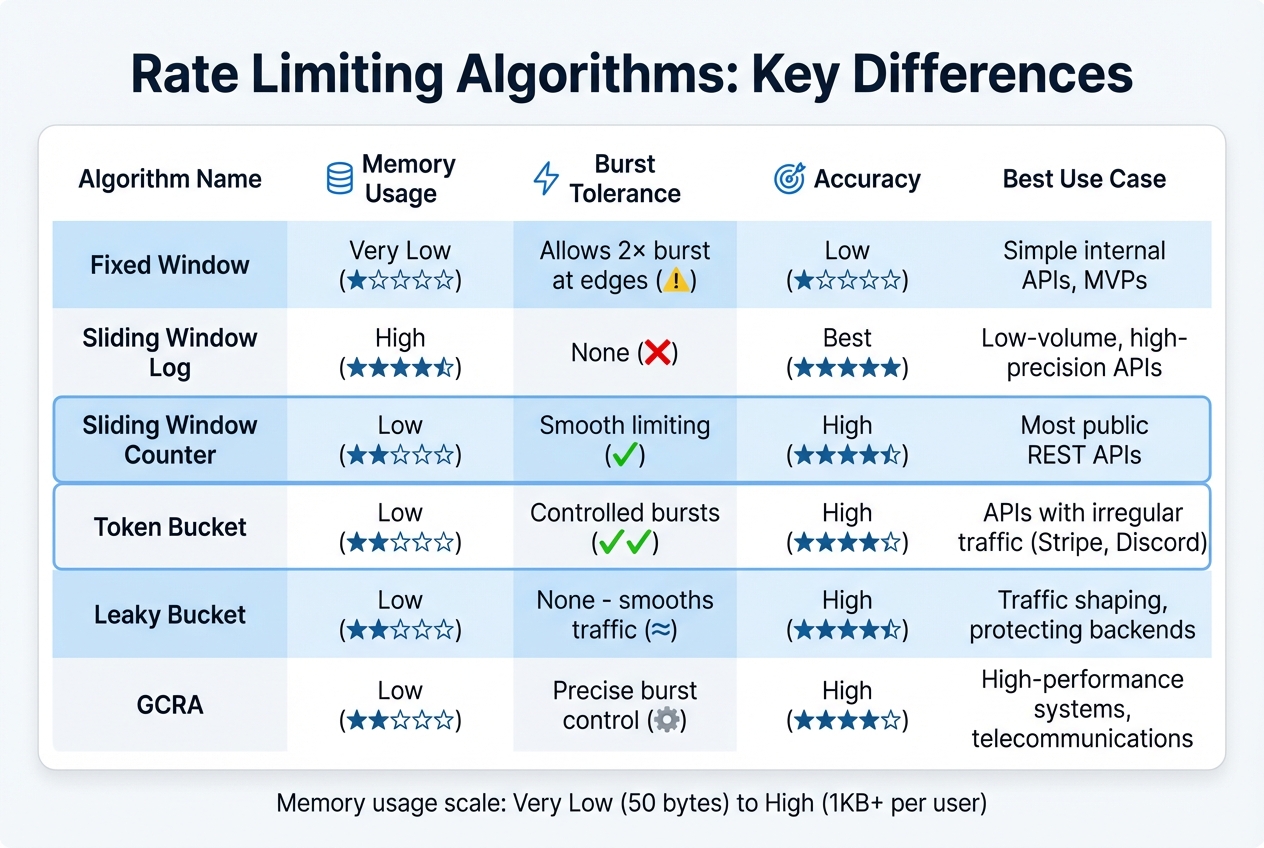 Rate Limiting Algorithms Comparison: Memory, Accuracy, and Burst Handling