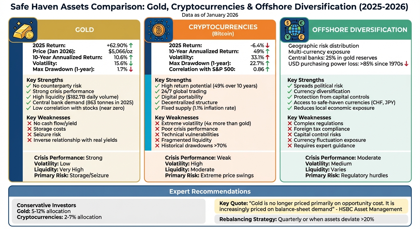 Gold vs Cryptocurrencies vs Offshore Diversification: Safe Haven Asset Comparison 2025-2026