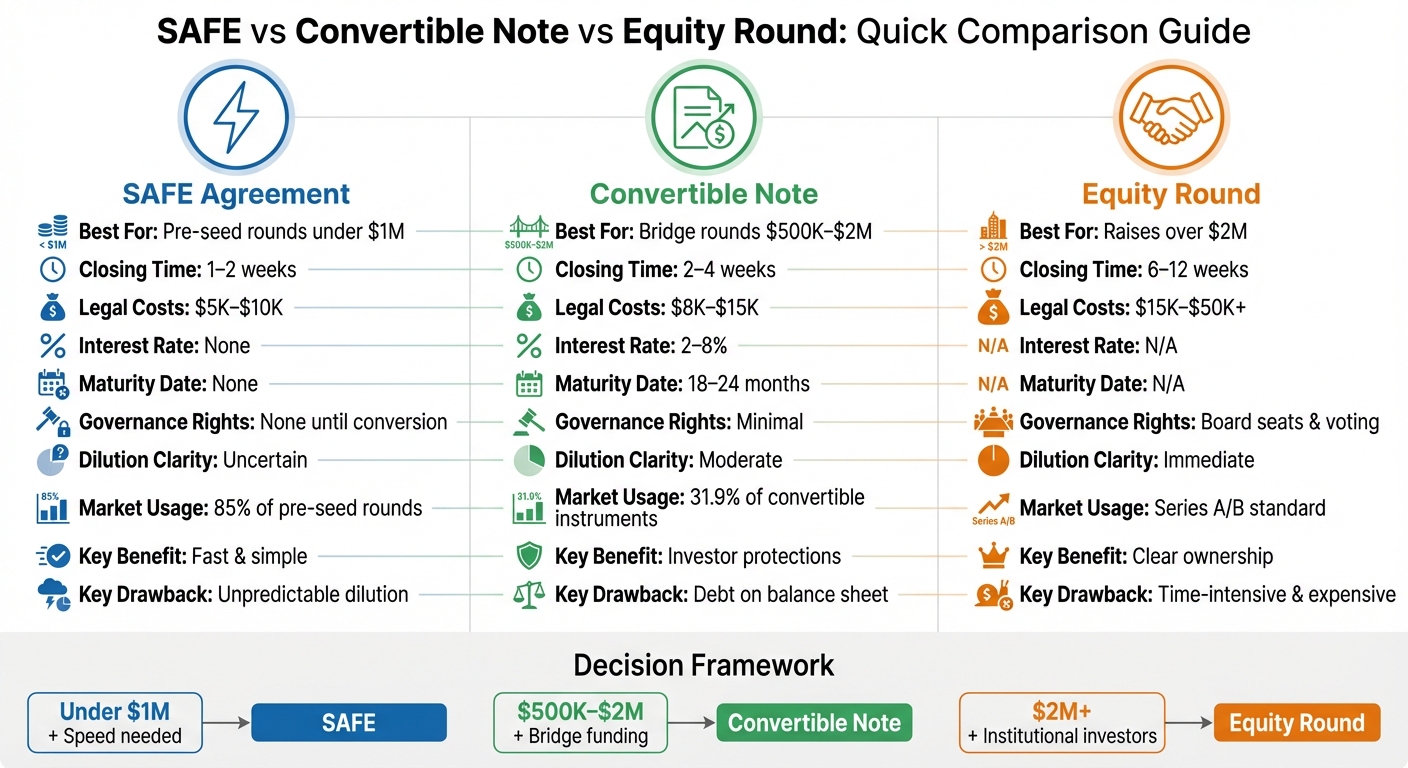 SAFE vs Convertible Note vs Equity Round Comparison Chart