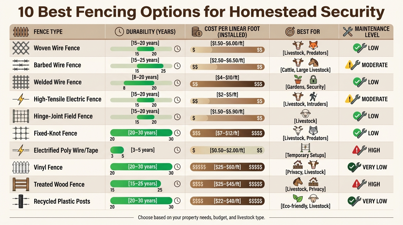 Homestead Fencing Options Comparison: Cost, Durability & Best Uses