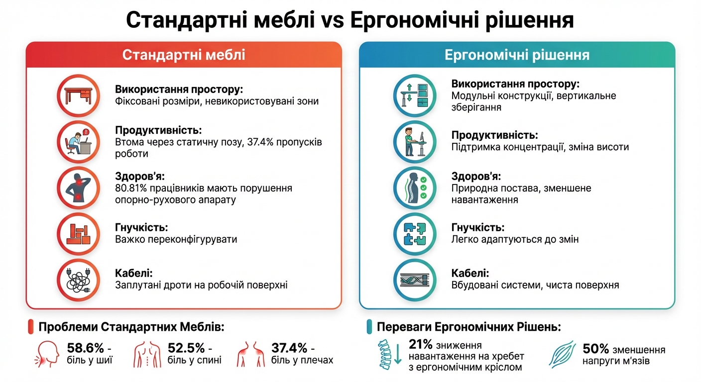 Порівняння стандартних та ергономічних меблів для малих офісів
