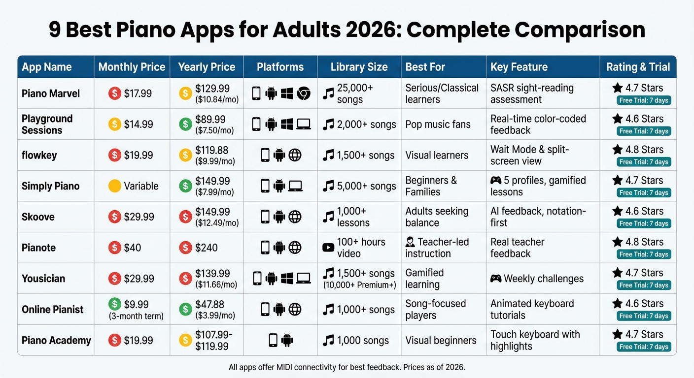 Piano Apps Comparison: Features, Pricing, and Platforms 2026