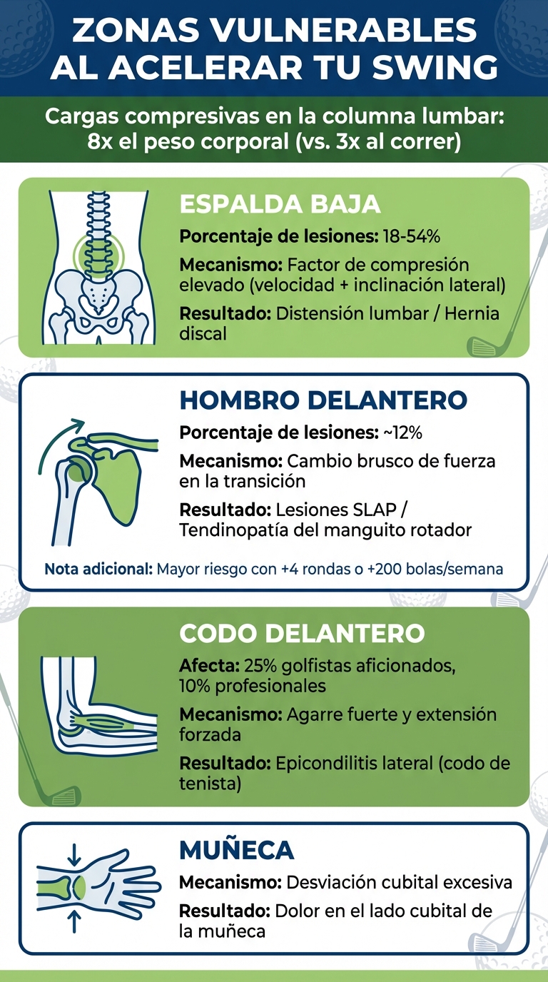 Zonas vulnerables a lesiones por acelerar el swing de golf