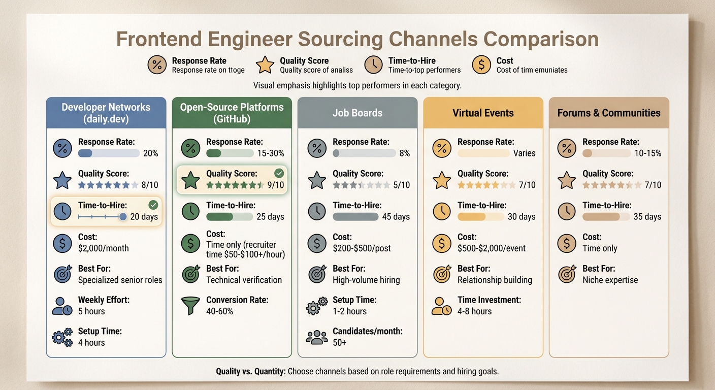 Frontend Engineer Sourcing Channels: Response Rates, Quality Scores, and Costs Comparison
