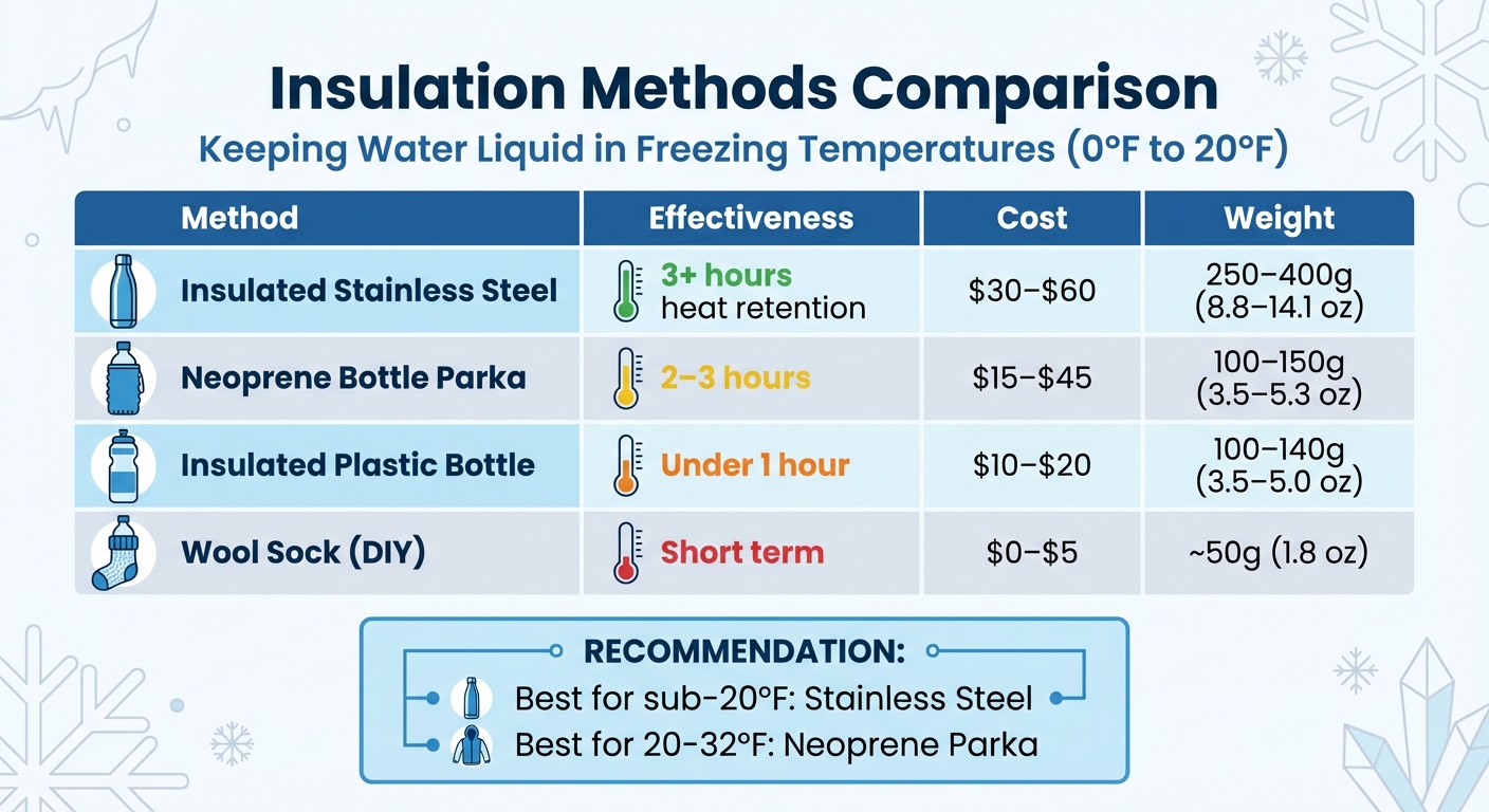 Winter Water Bottle Insulation Methods Comparison Chart