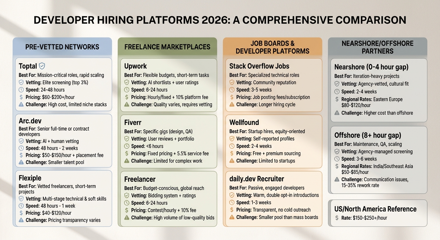 Developer Hiring Platforms Comparison 2026: Costs, Speed, and Best Use Cases