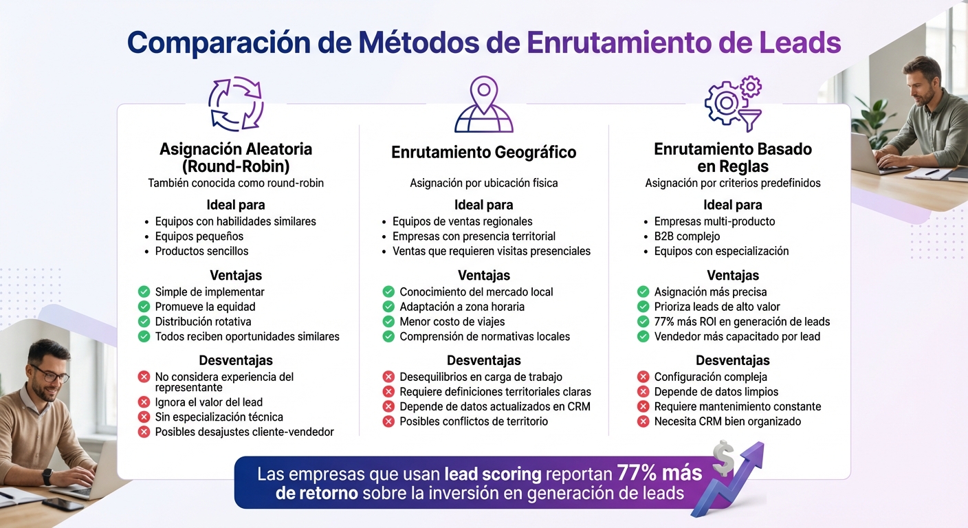 Comparación de métodos de lead routing: aleatorio, geográfico y basado en reglas