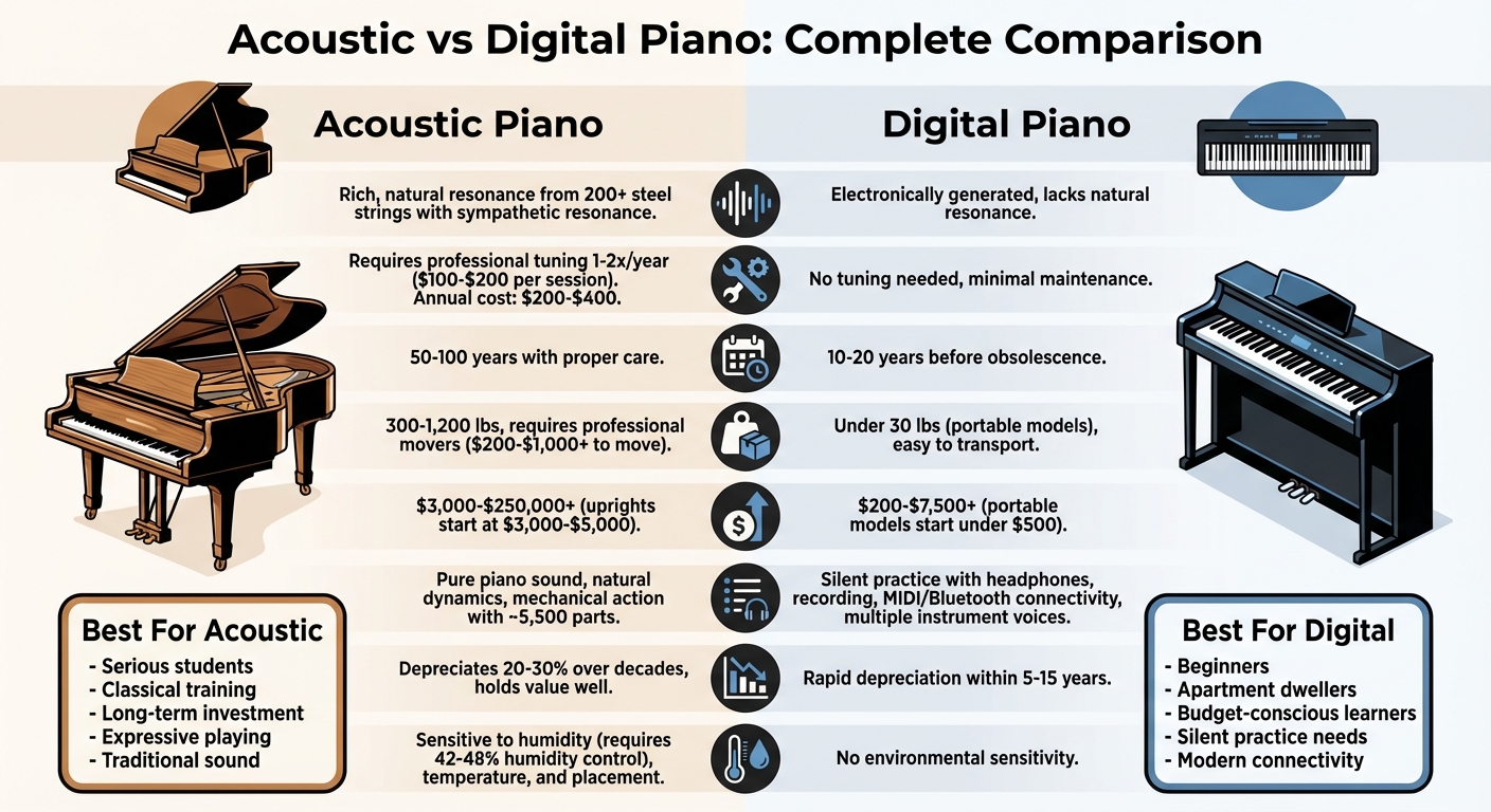 Acoustic vs Digital Piano Comparison: Key Differences in Sound, Cost, and Lifespan