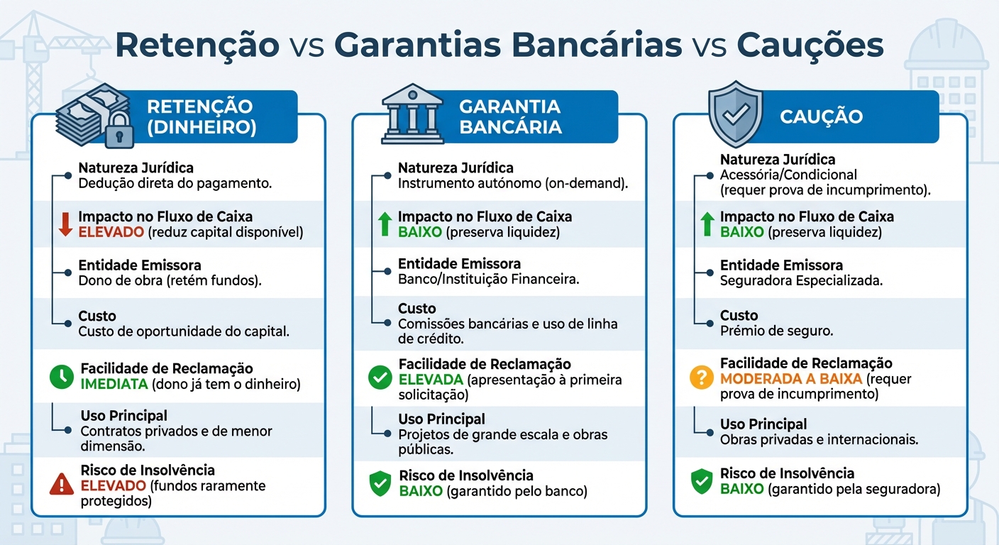 Comparação entre Retenção, Garantia Bancária e Caução em Contratos de Construção