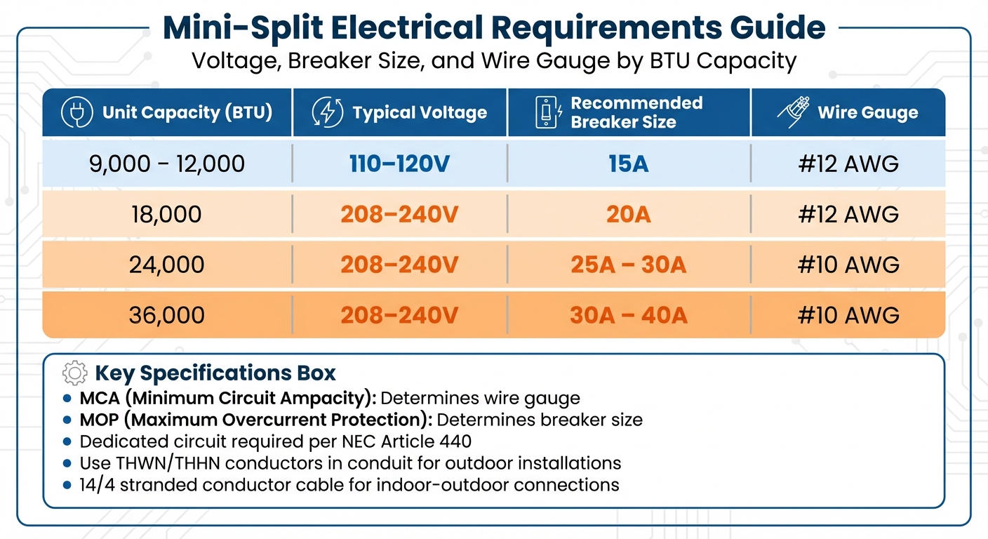 Mini-Split Electrical Requirements by Unit Capacity