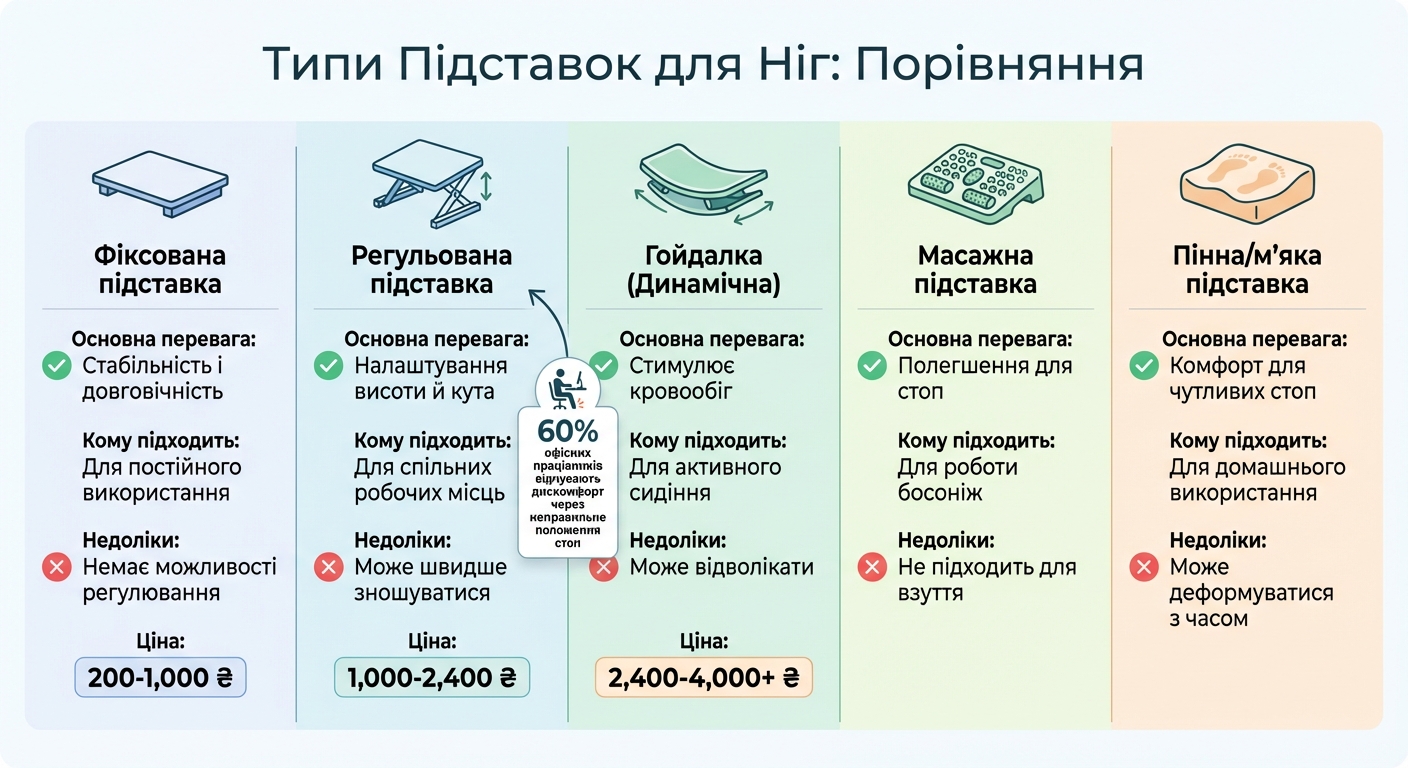 Порівняння типів підставок для ніг: характеристики та ціни
