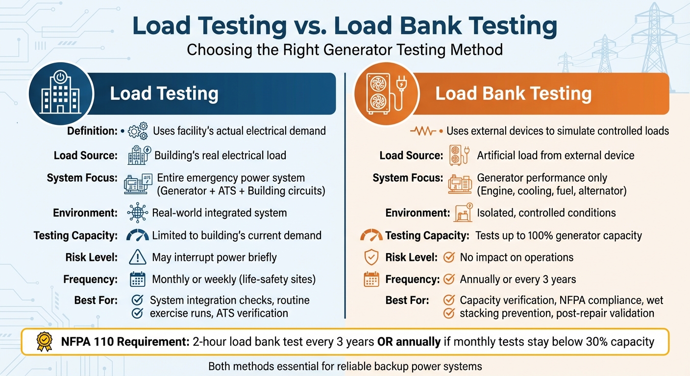 Load Testing vs Load Bank Testing Comparison Chart