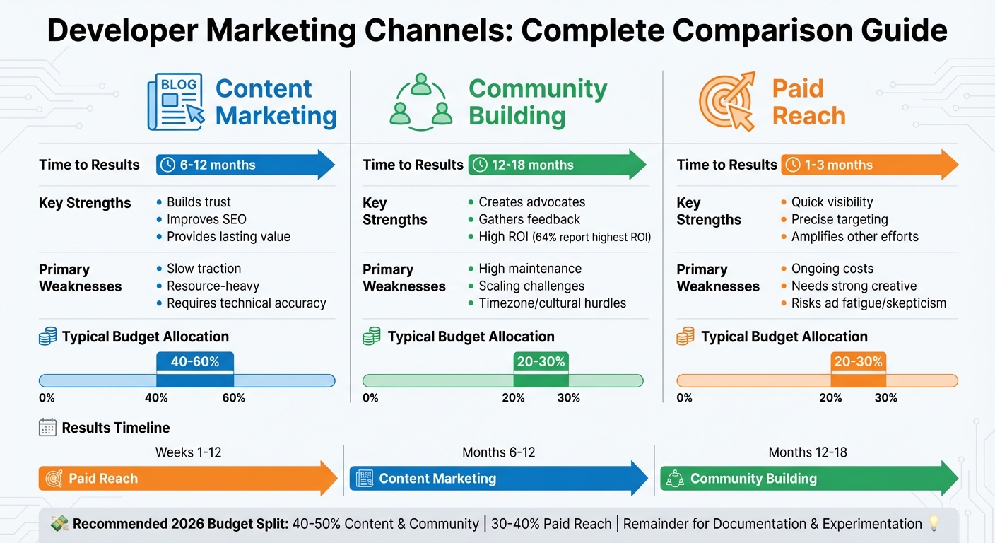 Developer Marketing Channels Comparison: Timeline, Strengths, and Budget Allocation