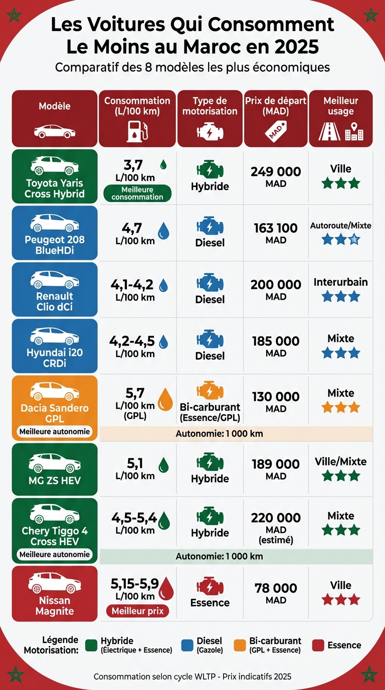 Comparatif des voitures les plus économiques au Maroc 2025 : consommation et prix